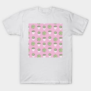 Green suculents in pink flowerpots on darker pink background T-Shirt